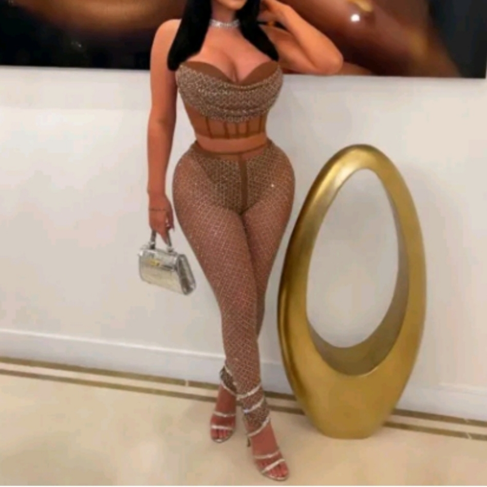 Fashion Mesh with Rhinestones 2 pieces set outfit.